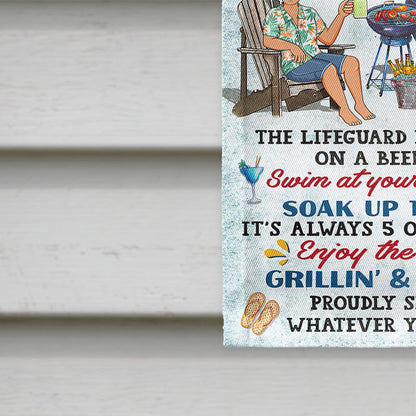 Pool Rules Swim At Your Own Risk Grilling Couple Husband Wife - Backyard Sign - Personalized Custom Flag