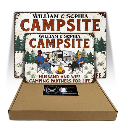 Let's Sit By The Campfire Husband Wife - Camping Gift For Couple - Personalized Custom Classic Metal Signs