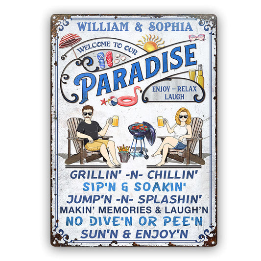 Family Couple Swimming Pool Welcome To Our Paradise - Pool Sign - Personalized Custom Classic Metal Signs