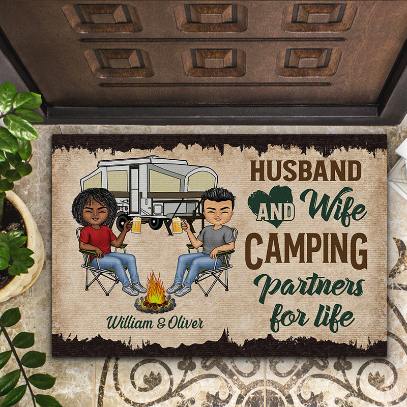 Let's Sit By The Campfire Pride Husband Wife Camping - Couple Gift - Personalized Custom Doormat