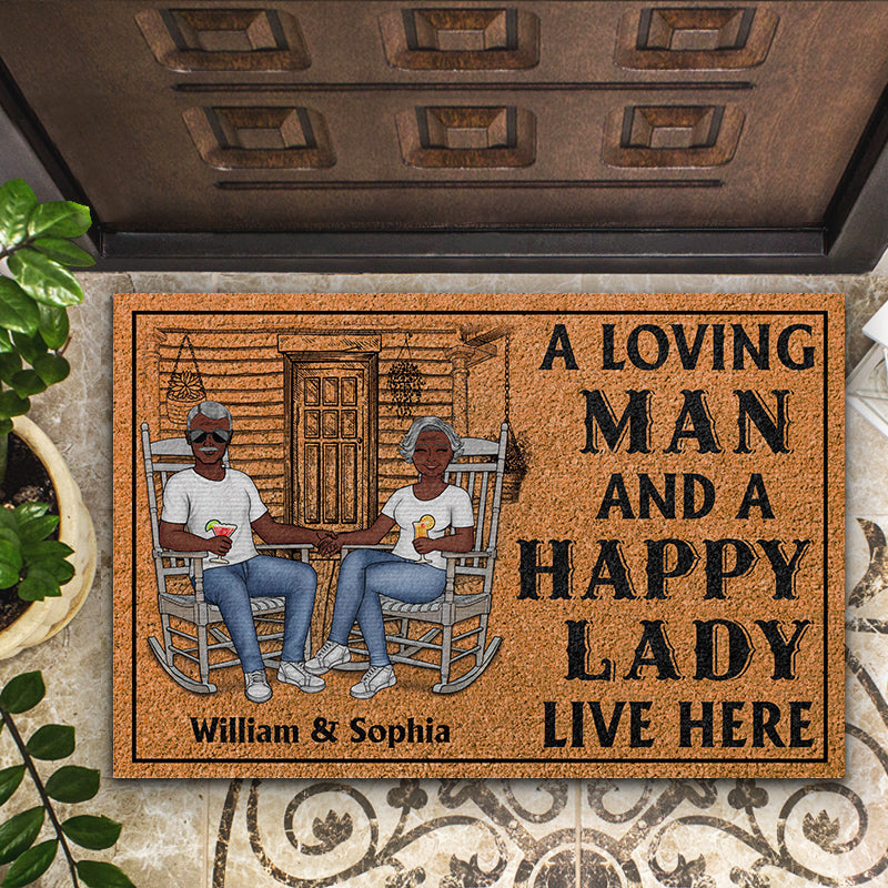 Family Couple A Loving Man And A Happy Lady Live Here - Couple Gift - Personalized Custom Doormat