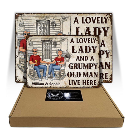 Family Couple A Lovely Lady And A Grumpy Old Man Live Here - Couple Gift - Personalized Custom Classic Metal Signs