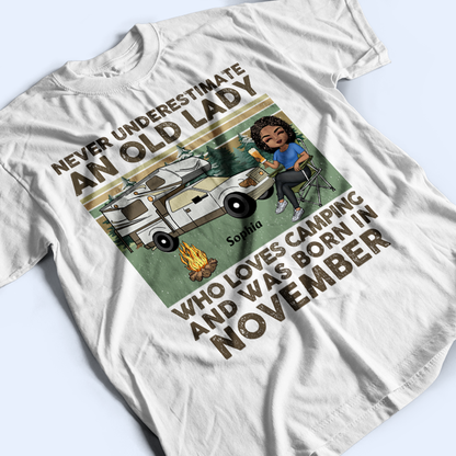 Never Underestimate An Old Lady Who Loves Camping Chibi - Personalized Custom T Shirt