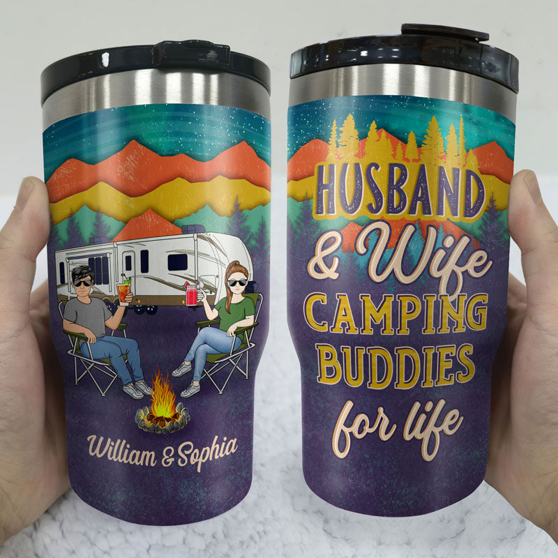 Camping Buddies For Life Husband Wife Family Mountain - Couple Gift - Personalized Custom Triple 3 In 1 Can Cooler