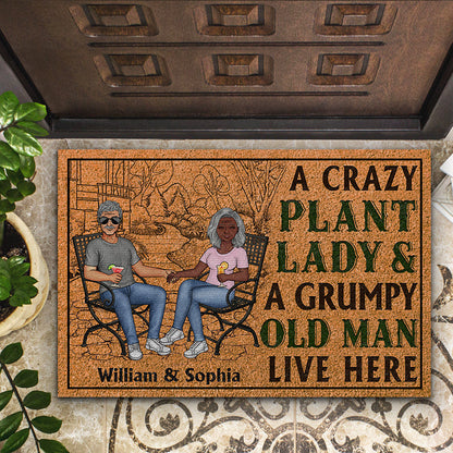 Family Couple A Crazy Plant Lady And Grumpy Old Man Live Here - Gift For Garden Lovers - Personalized Custom Doormat