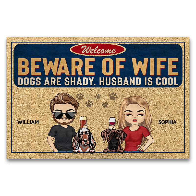 Beware Of Wife Dogs Are Shady Husband Is Cool Chibi Couple Husband Wife - Gift For Dog Lovers - Personalized Custom Doormat