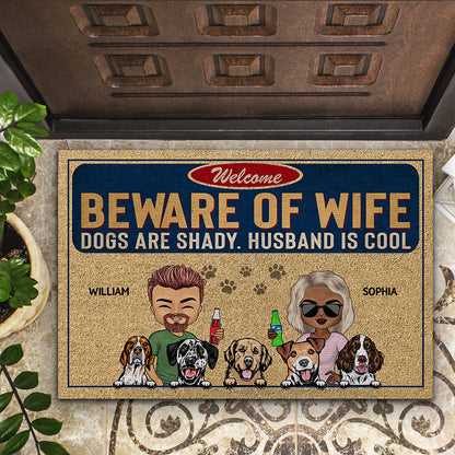 Beware Of Wife Dogs Are Shady Husband Is Cool Chibi Couple Husband Wife - Gift For Dog Lovers - Personalized Custom Doormat