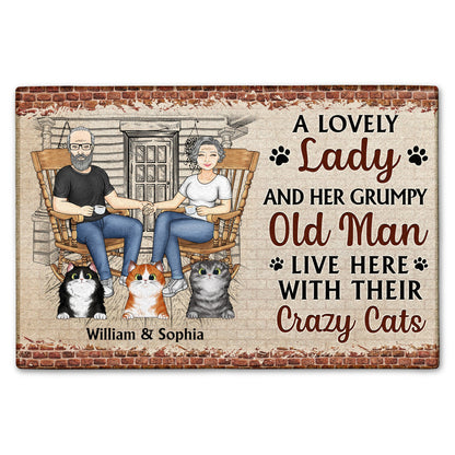 Family Couple A Lovely Lady And Her Grumpy Old Man Live Here With Their Crazy Cats - Gift For Cat Lovers - Personalized Custom Doormat