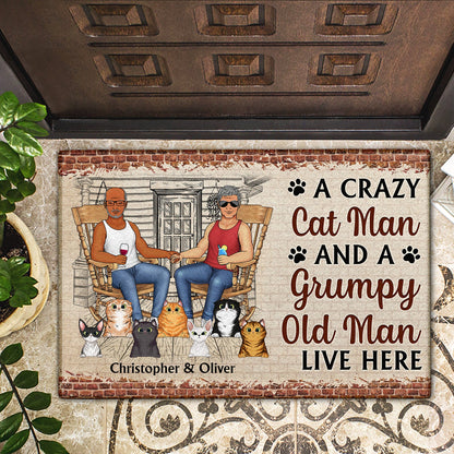 Family Couple A Lovely Lady And Her Grumpy Old Man Live Here With Their Crazy Cats - Gift For Cat Lovers - Personalized Custom Doormat