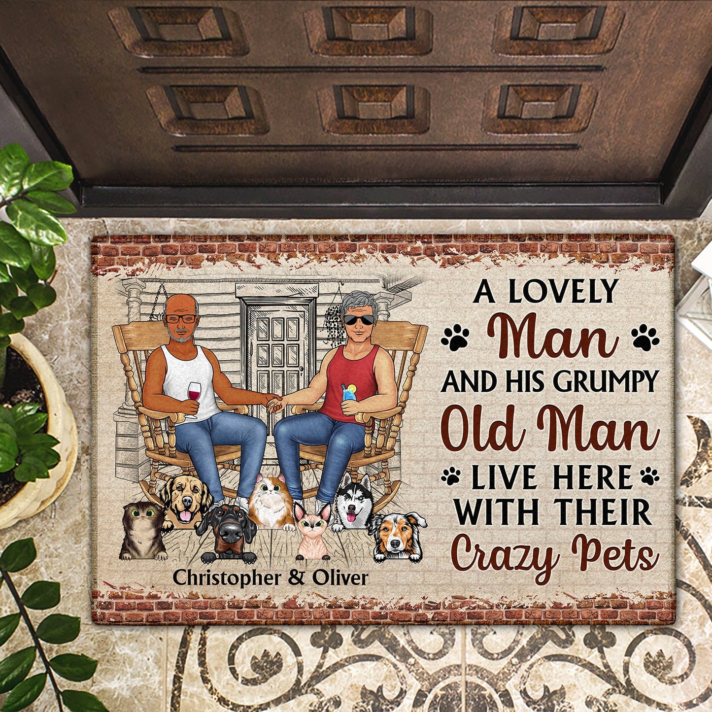 Family Couple A Lovely Lady And Her Grumpy Old Man Live Here With Their Crazy Pets - Gift For Dog Lovers And Cat Lovers - Personalized Custom Doormat