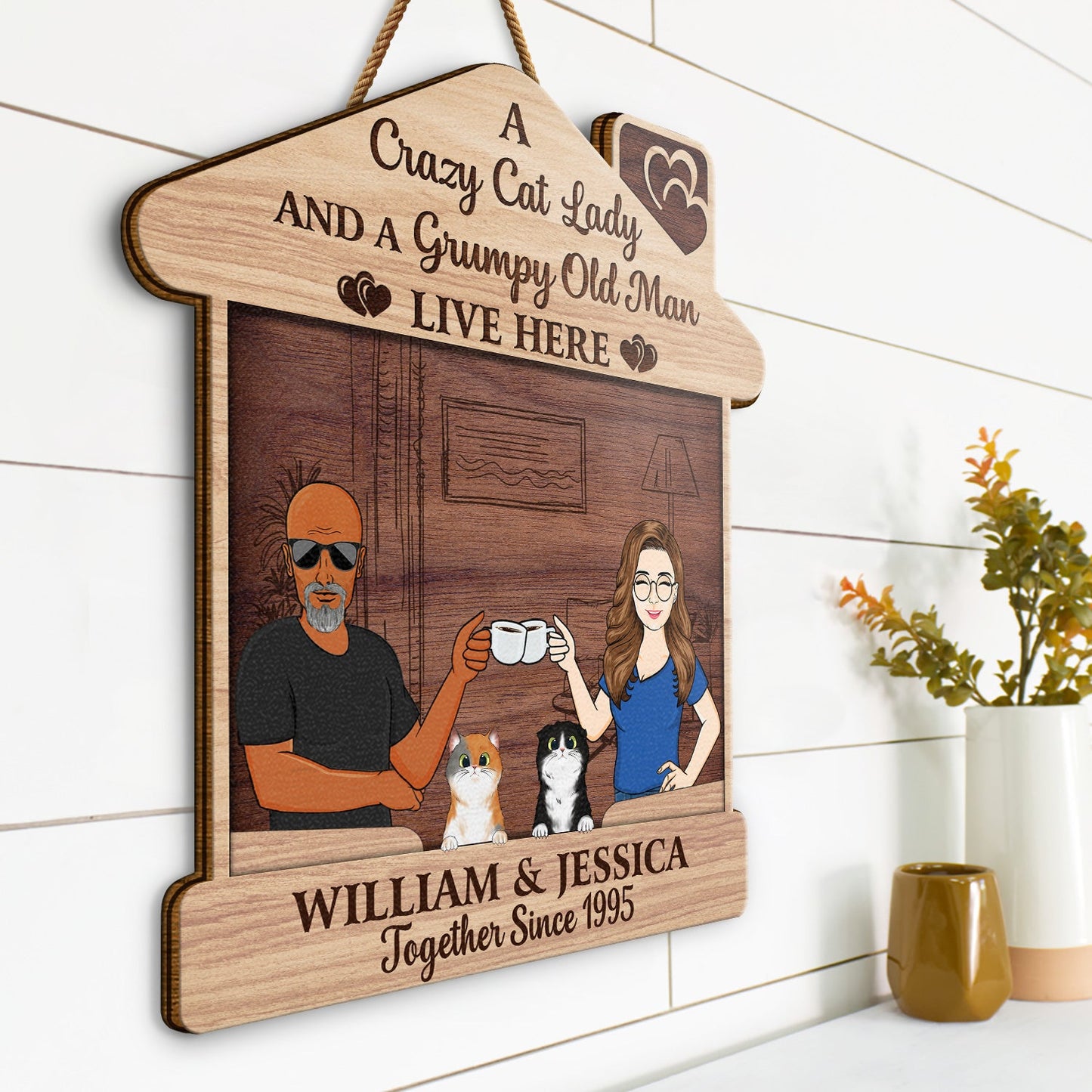 Family Couple A Crazy Dog Cat Lady And A Grumpy Old Man Live Here - Outdoor Gift For Pet Lovers - Personalized Custom Shaped Wood Sign