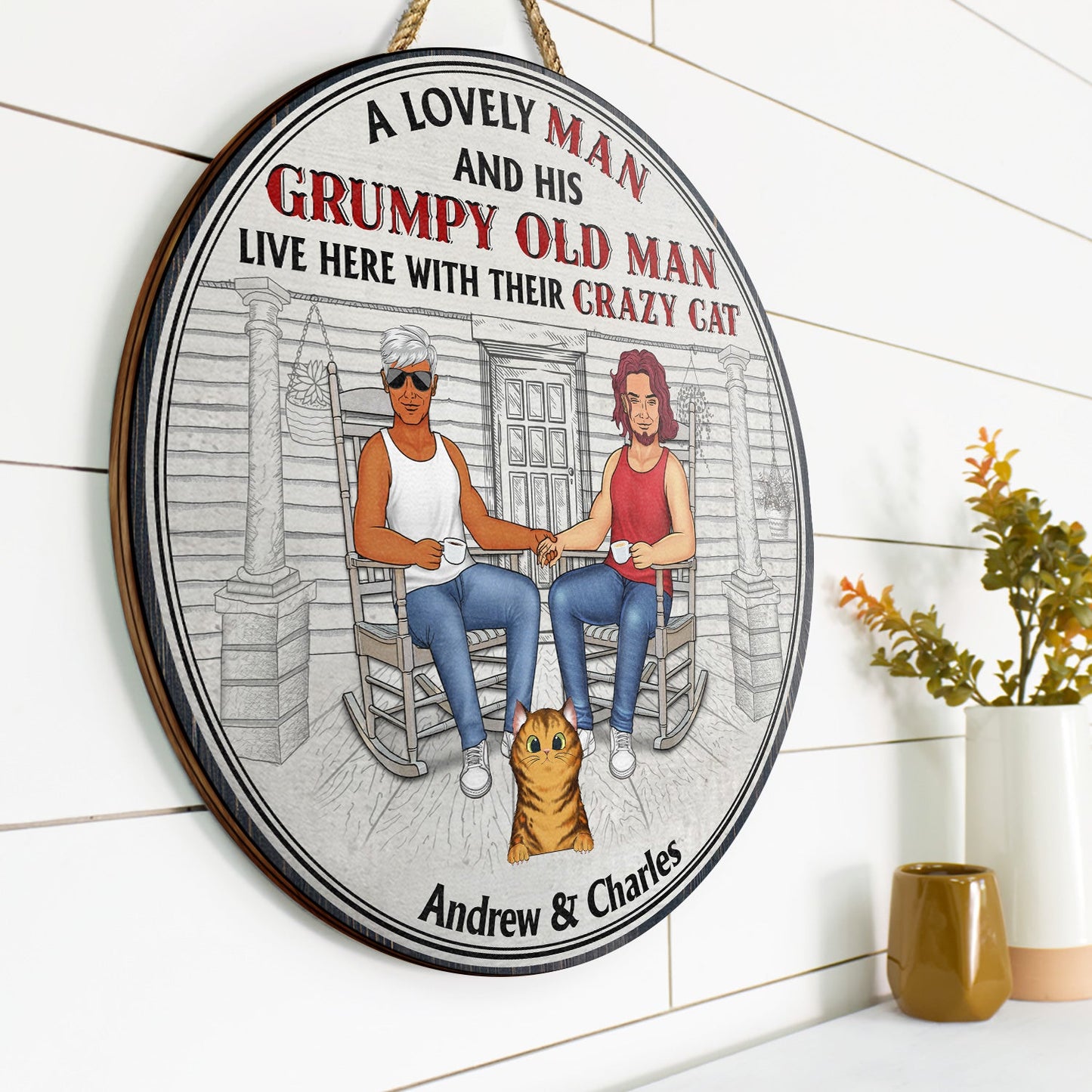 Family Couple A Lovely Lady And Her Grumpy Old Man Live Here With Their Crazy Cats - Gift For Cat Lovers - Personalized Custom Wood Circle Sign