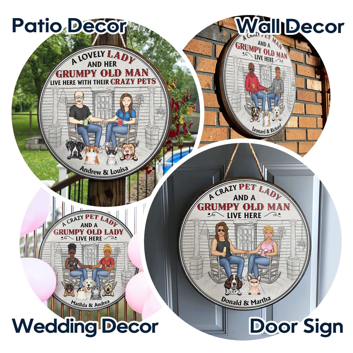 Family Couple A Lovely Lady And Her Grumpy Old Man Live Here With Their Crazy Pets - Gift For Pet Lovers - Personalized Custom Wood Circle Sign