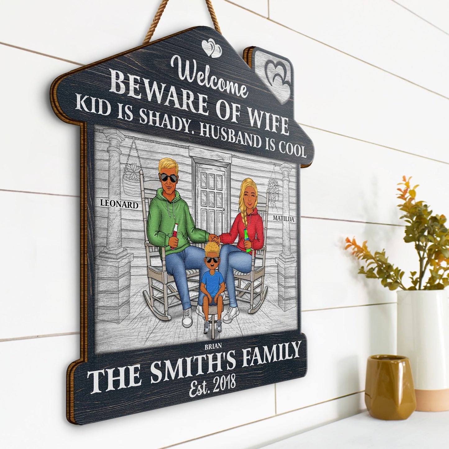 Family Couple Welcome Beware Of Wife Kids Are Shady Husband Is Cool - Gift For Family - Personalized Custom Shaped Wood Sign