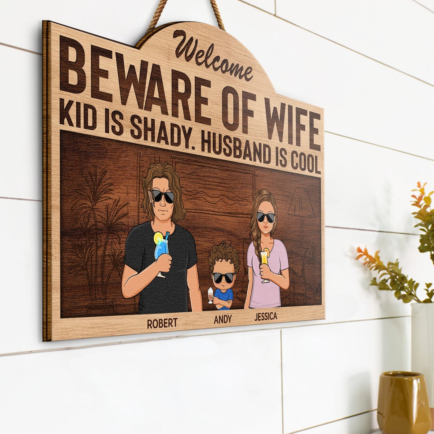 Beware Of Wife Kids Are Shady Husband Is Cool Couple - Anniversary, Birthday, Housewarming Gift For Spouse, Husband, Wife, Family - Personalized Custom Shaped Wood Sign