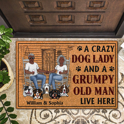 A Crazy Dog Lady And A Grumpy Old Man Live Here - Outdoor, Home Decor Gift For Family, Couple, Pet Lovers - Personalized Custom Doormat