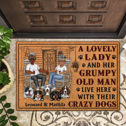 A Lovely Lady And A Grumpy Old Man Live Here With Their Crazy Dogs - Outdoor, Home Decor Gift For Family, Couple, Pet Lovers - Personalized Custom Doormat