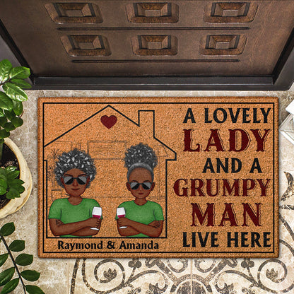 Family A Lovely Lady And A Grumpy Old Man Live Here - Gift For Couples - Personalized Custom Doormat