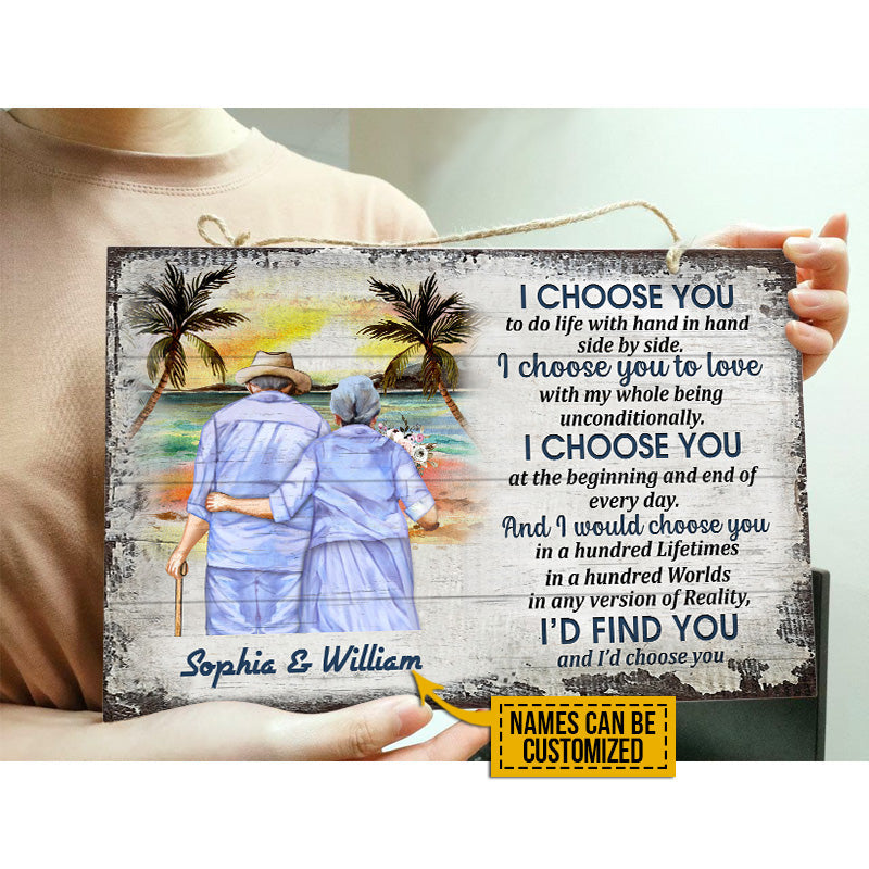 Beach Old Couple Husband Wife I Choose You Custom Wood Rectangle Sign, Anniversary Gift, Memorial Gift, Sympathy, Wall Pictures, Wall Art, Wall Decor, Grandparents Day Gifts