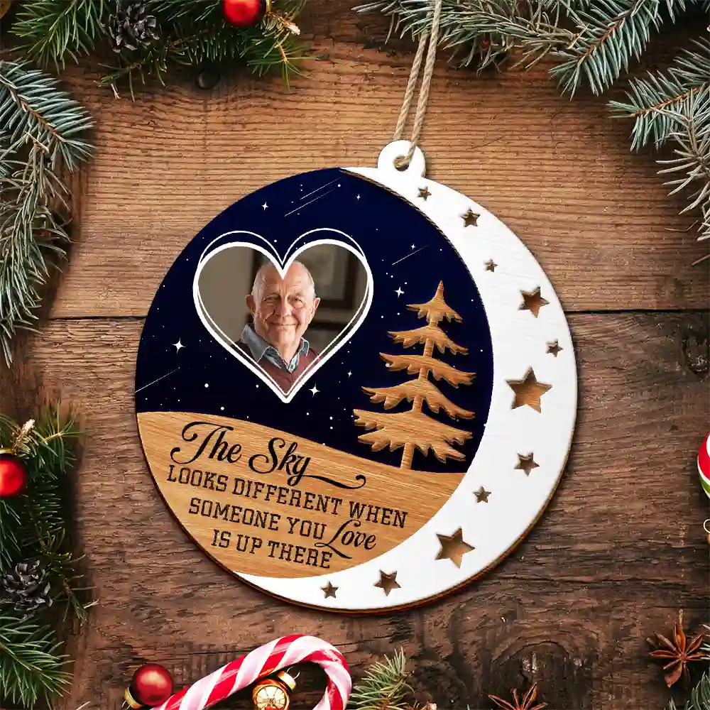 Custom Photo The Sky Looks Different Memorial - Personalized 2-Layered Wooden Ornament