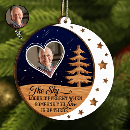 Custom Photo The Sky Looks Different Memorial - Personalized 2-Layered Wooden Ornament