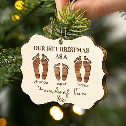 First Christmas As A Family Of Four Footprints - Personalized Medallion Wooden Ornament