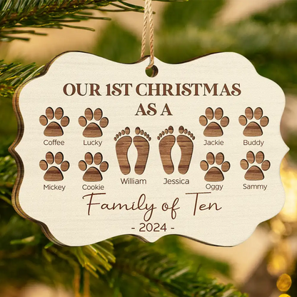 First Christmas As A Family Of Four Footprints - Personalized Medallion Wooden Ornament