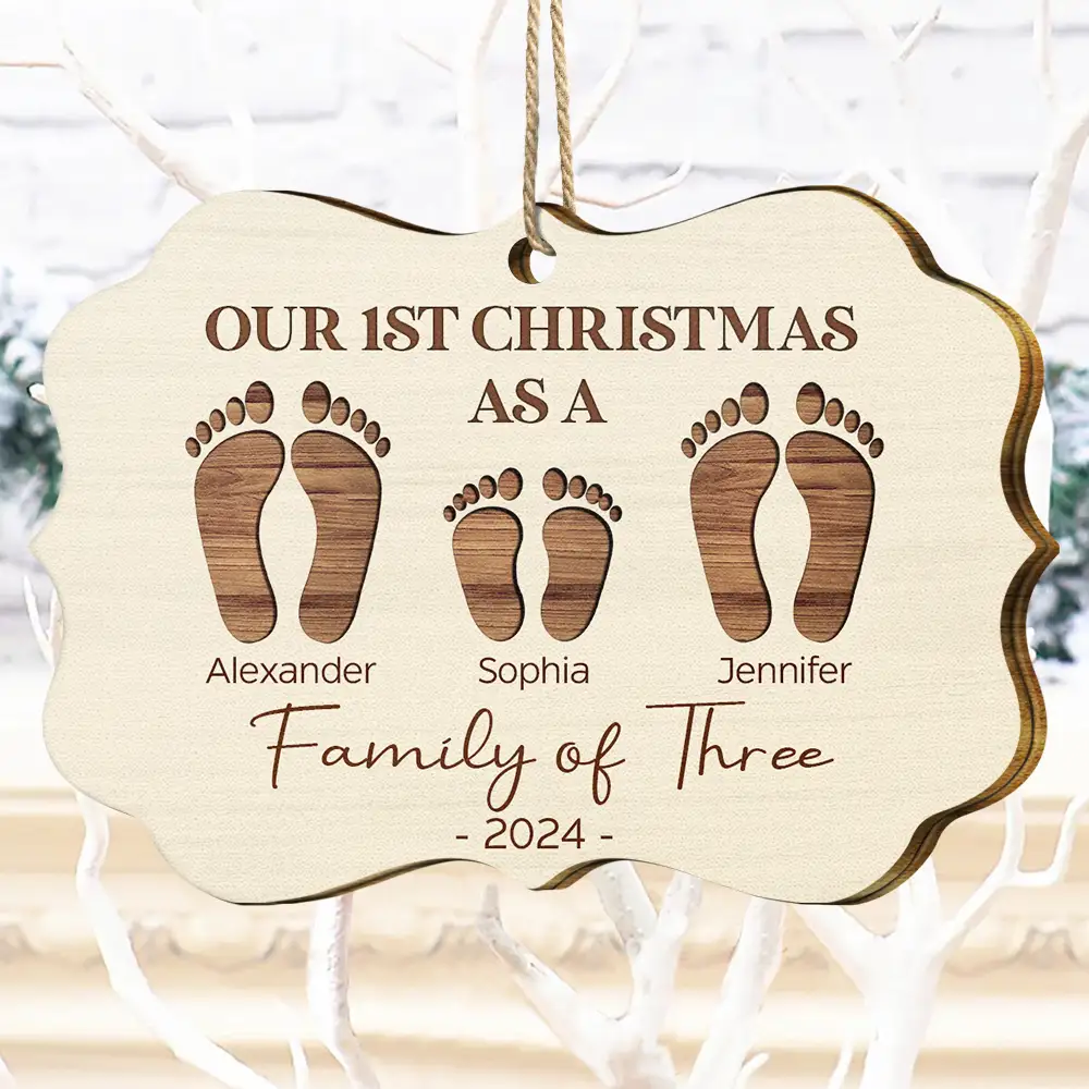 First Christmas As A Family Of Four Footprints - Personalized Medallion Wooden Ornament