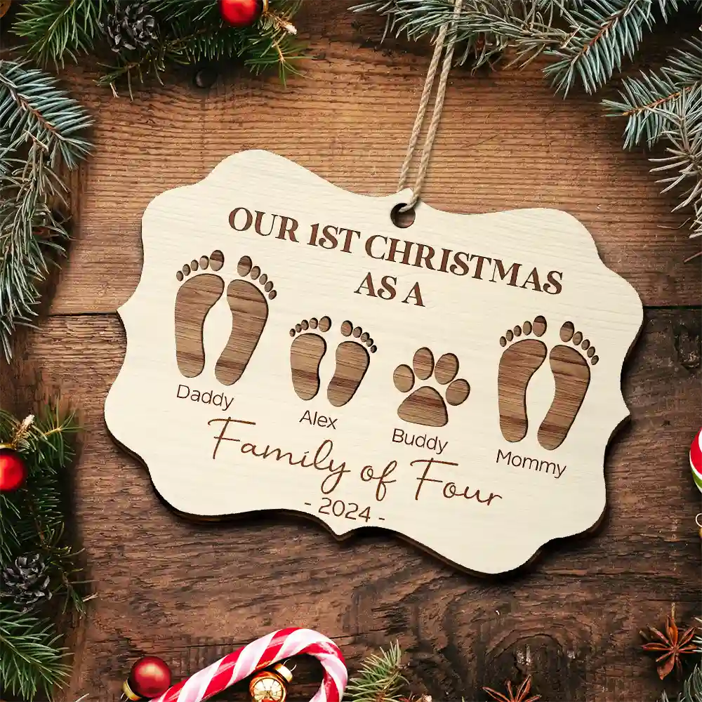 First Christmas As A Family Of Four Footprints - Personalized Medallion Wooden Ornament