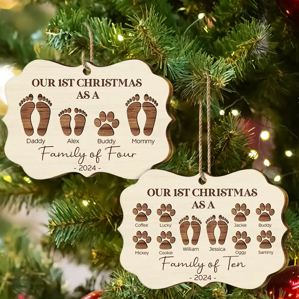 First Christmas As A Family Of Four Footprints - Personalized Medallion Wooden Ornament