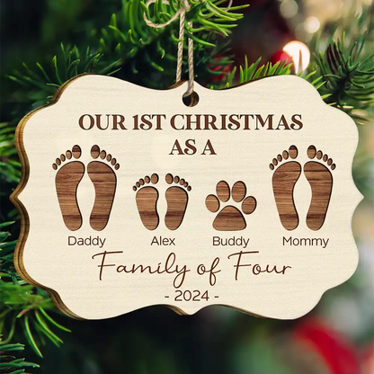 First Christmas As A Family Of Four Footprints - Personalized Medallion Wooden Ornament