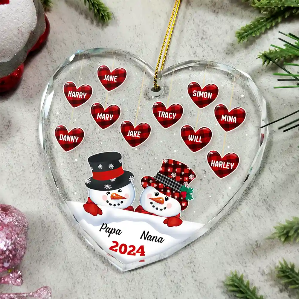 Papa Nana Snowman Christmas Grandparents - Personalized Heart Shaped Acrylic Ornament