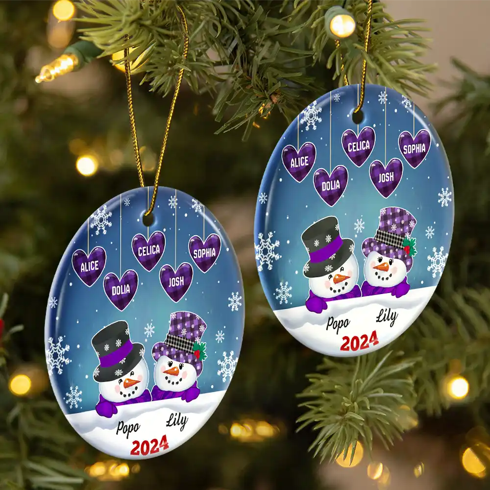 Papa Nana Snowman Christmas Grandparents - Personalized Circle Ceramic Ornament