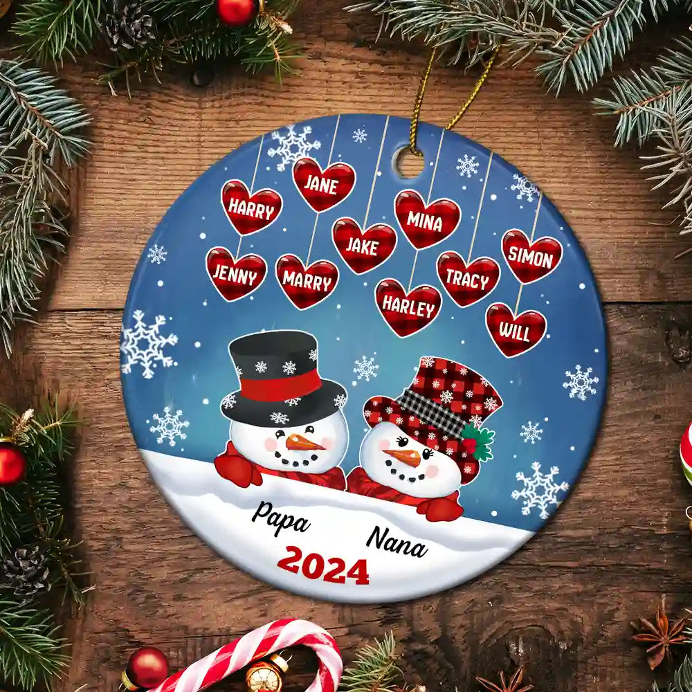 Papa Nana Snowman Christmas Grandparents - Personalized Circle Ceramic Ornament