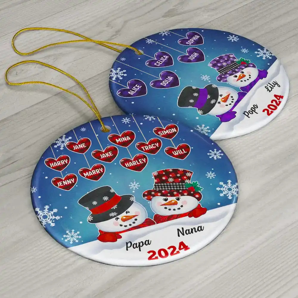 Papa Nana Snowman Christmas Grandparents - Personalized Circle Ceramic Ornament