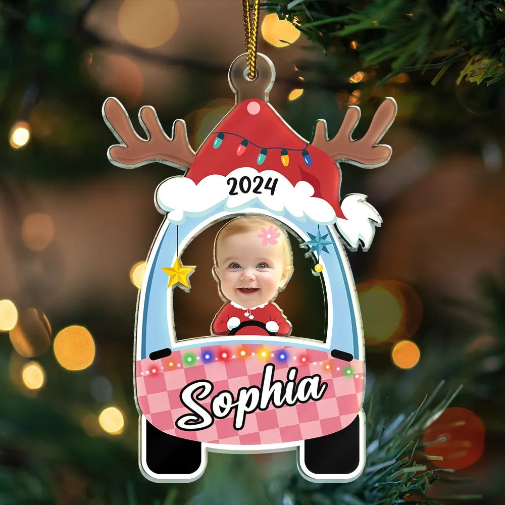 Custom Photo Cute Baby First Christmas Car - Personalized Cutout Acrylic Ornament