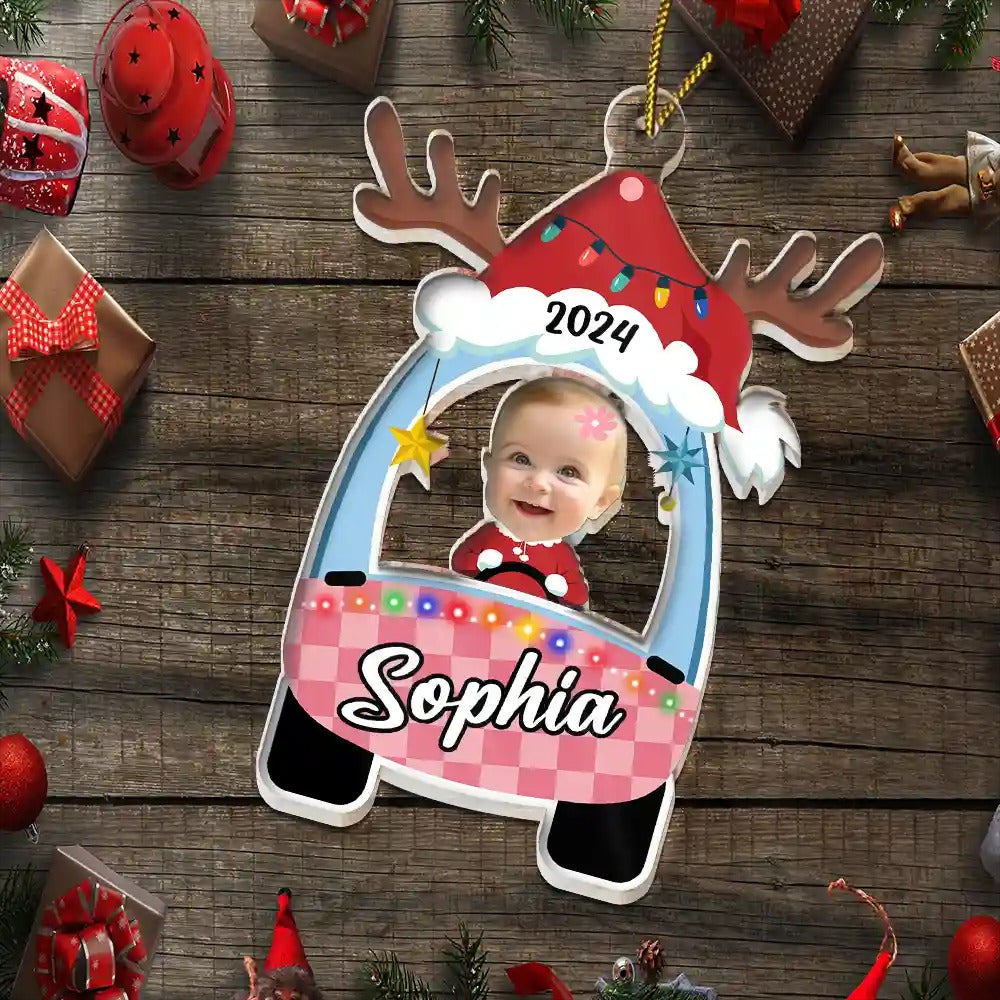 Custom Photo Cute Baby First Christmas Car - Personalized Cutout Acrylic Ornament