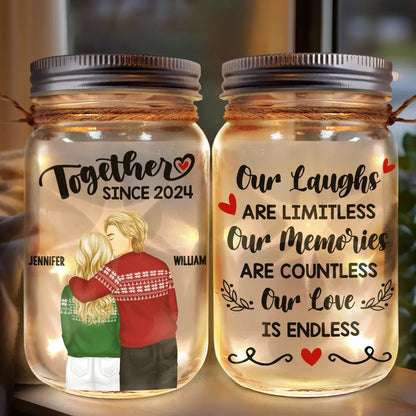 Forehead Kissing Couple Our Memories Are Countless Our Love Is Endless - Personalized Mason Jar Light