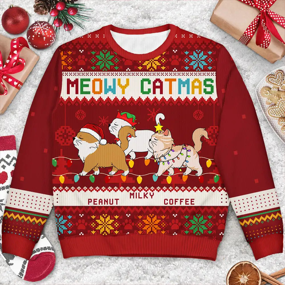 Christmas Funny Walking Cats Meowy Catmas Happy Pawlidays - Personalized Unisex Ugly Sweater