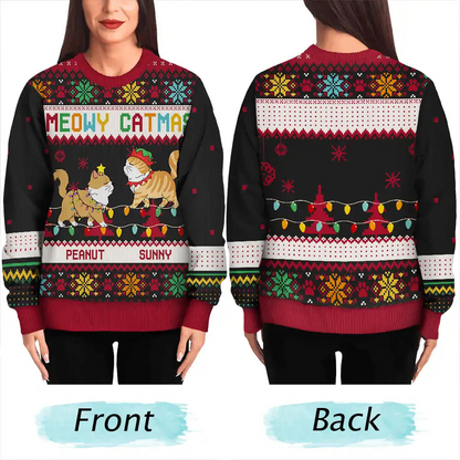 Christmas Funny Walking Cats Meowy Catmas Happy Pawlidays - Personalized Unisex Ugly Sweater