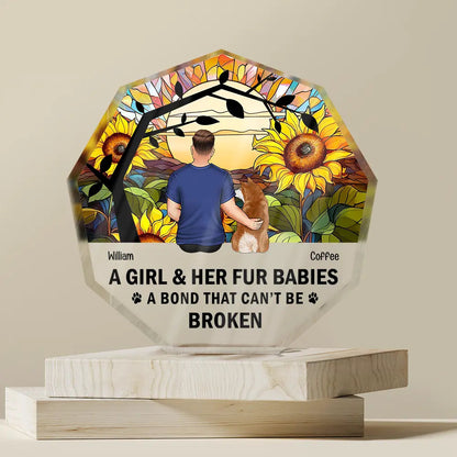 Flower Field A Girl And Her Dog And Cat - Personalized Nonagon Shaped Acrylic Plaque