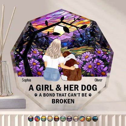 Flower Field A Girl And Her Dog And Cat - Personalized Nonagon Shaped Acrylic Plaque