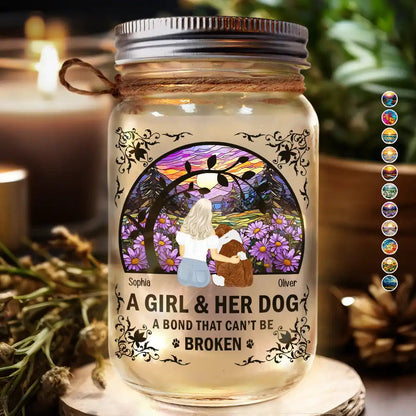 Flower Field A Girl And Her Dog And Cat - Personalized Mason Jar Light