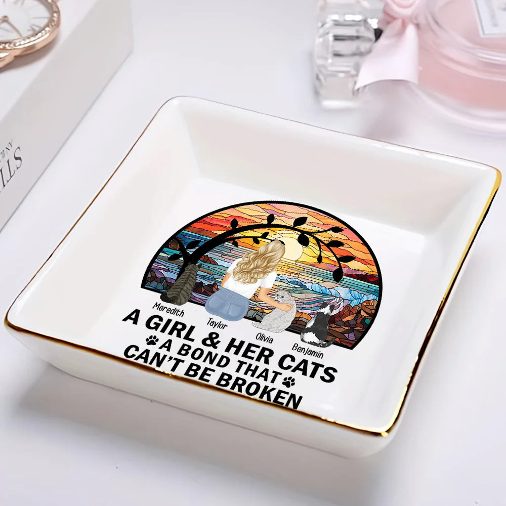 Flower Field A Girl And Her Dog And Cat - Personalized Ring Dish