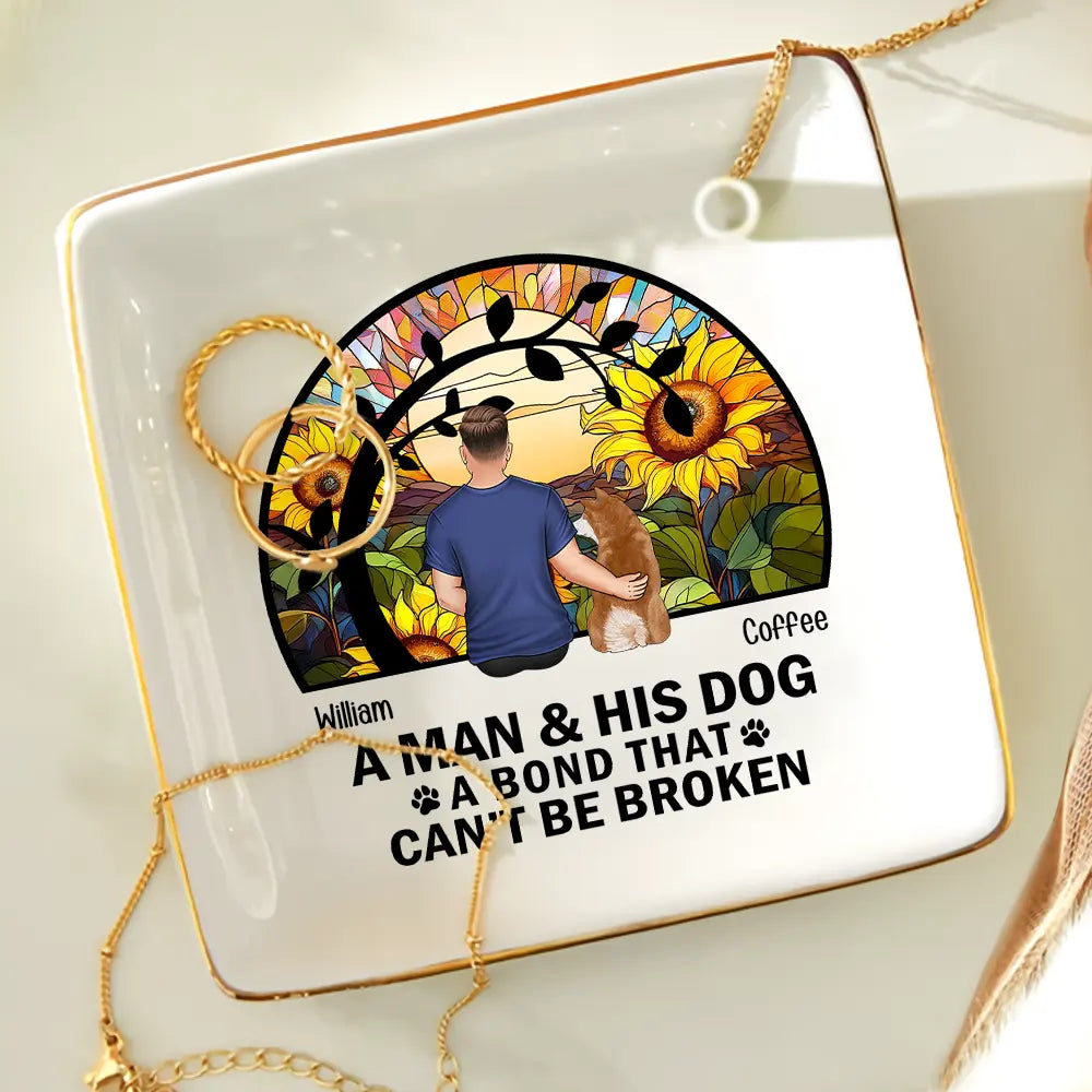 Flower Field A Girl And Her Dog And Cat - Personalized Ring Dish