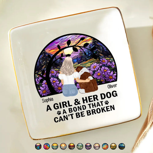 Flower Field A Girl And Her Dog And Cat - Personalized Ring Dish