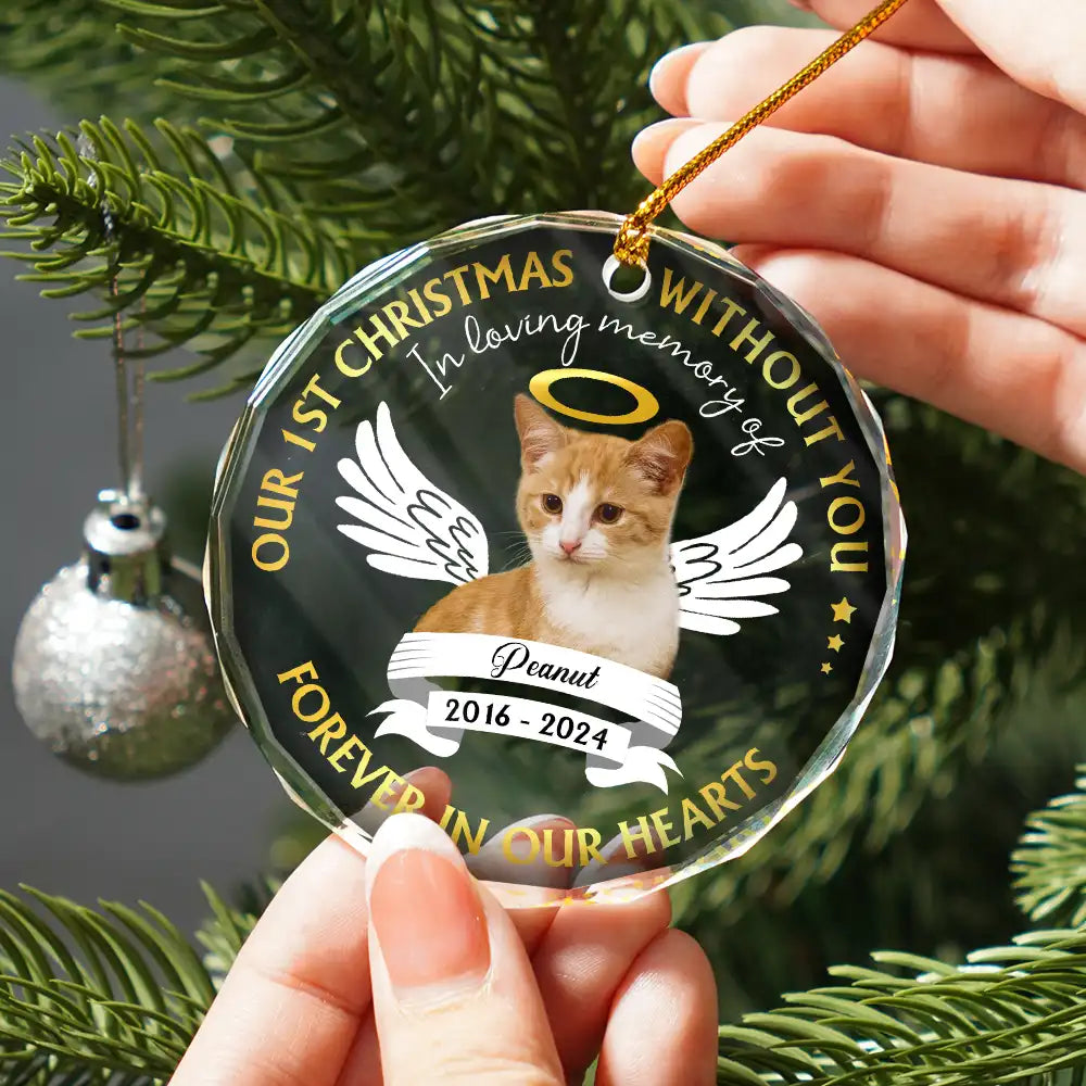 Custom Photo Our First Christmas Without You Pet Memorial - Personalized Glass Ornament
