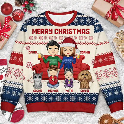 Chibi Couple With Kids And Pets - Personalized Unisex Ugly Sweater