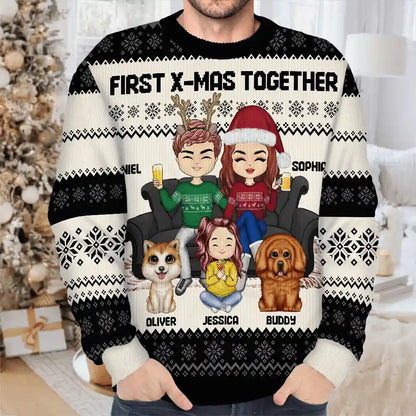 Chibi Couple With Kids And Pets - Personalized Unisex Ugly Sweater
