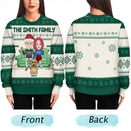 Chibi Couple With Kids And Pets - Personalized Unisex Ugly Sweater
